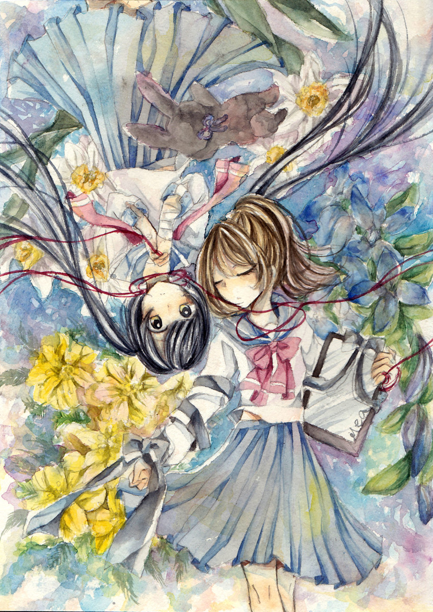 2girls, absurdres, bandages, black_hair, brown_hair, flower, own_hands_clasped, highres, iei, long_hair, lying, multiple_girls, on_back, original, own_hands_together, painting_(medium), ponytail, school_uniform, serafuku, string, string_of_fate, stuffed_animal, stuffed_toy, totoki_mea, traditional_media, twintails, very_long_hair, watercolor_(medium), yuri