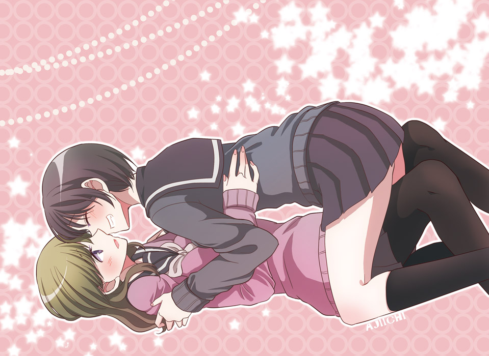 2girls, ajiichi, black_hair, black_legwear, brown_hair, face-to-face, girl_on_top, imminent_kiss
