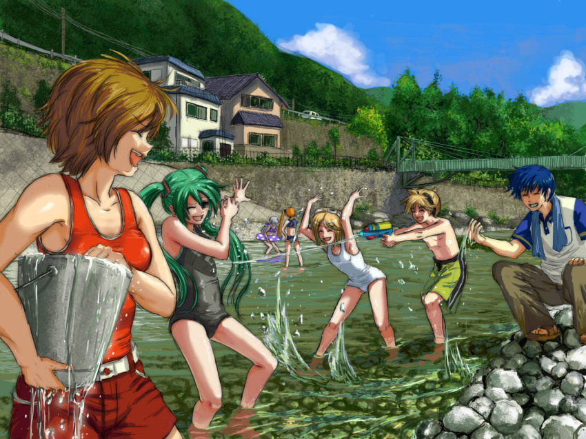 2boys, 5girls, akita_neru, bikini, black_bikini, black_one-piece_swimsuit, blue_bikini, brother_and_sister