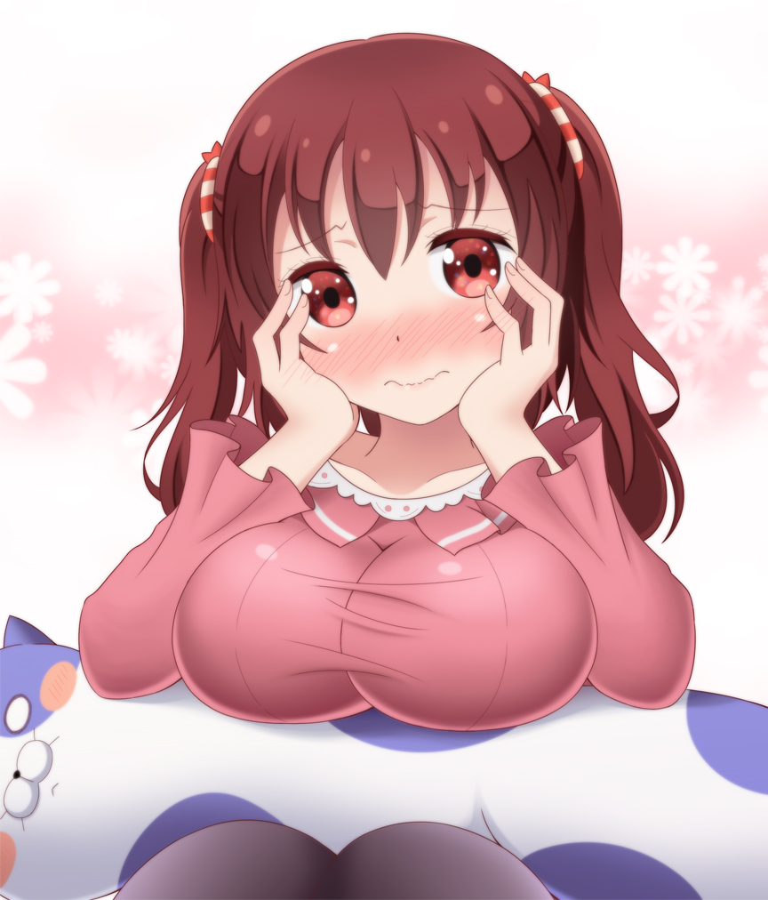 10s, 1girl, blush, breasts, brown_eyes, brown_hair, dakimakura_(object), ebina_nana, female_focus, himouto!_umaru-chan, large_breasts, long_hair, osaji0909, pillow, solo, twintails, wavy_mouth