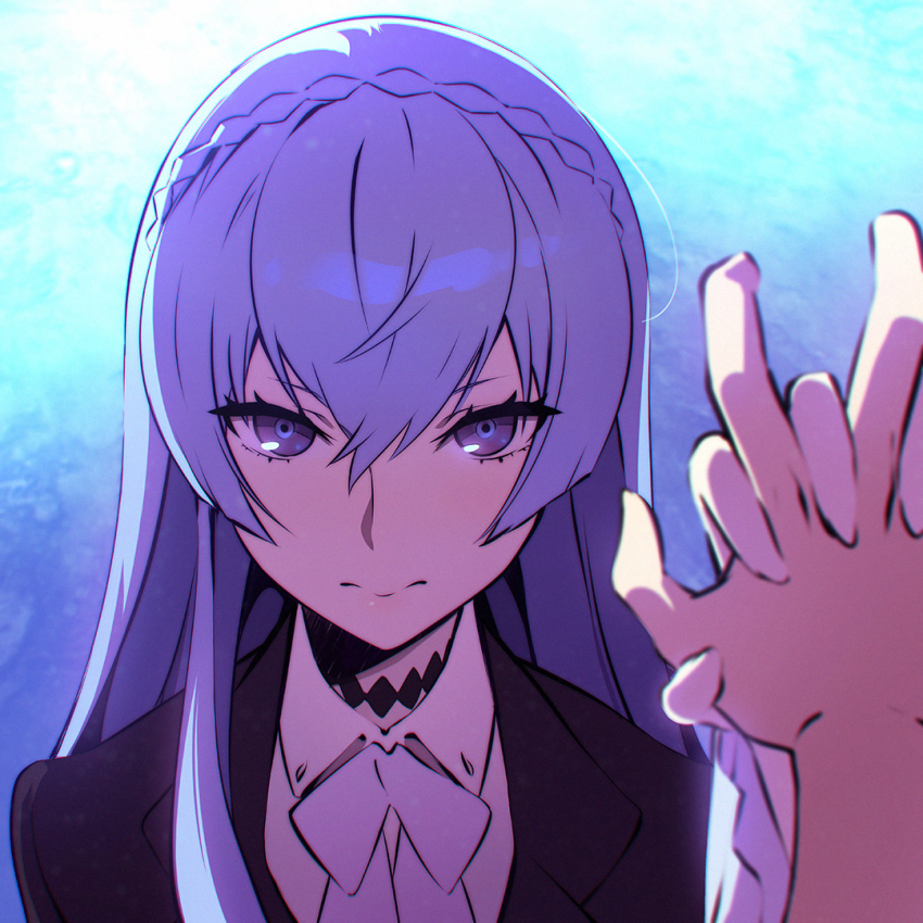 10s, 1girl, 3:, backlighting, bad_id, bad_tumblr_id, black_jacket, chromatic_aberration, close-up, collared_shirt, dress_shirt, formal_clothes, hair_between_eyes, holding_hands, ilya_kuvshinov, jacket, kiznaiver, long_hair, looking_at_viewer, pov, pov_hands, purple_eyes, shirt, silver_hair, solo_focus, sonozaki_noriko, suit, tsurime, upper_body, very_long_hair