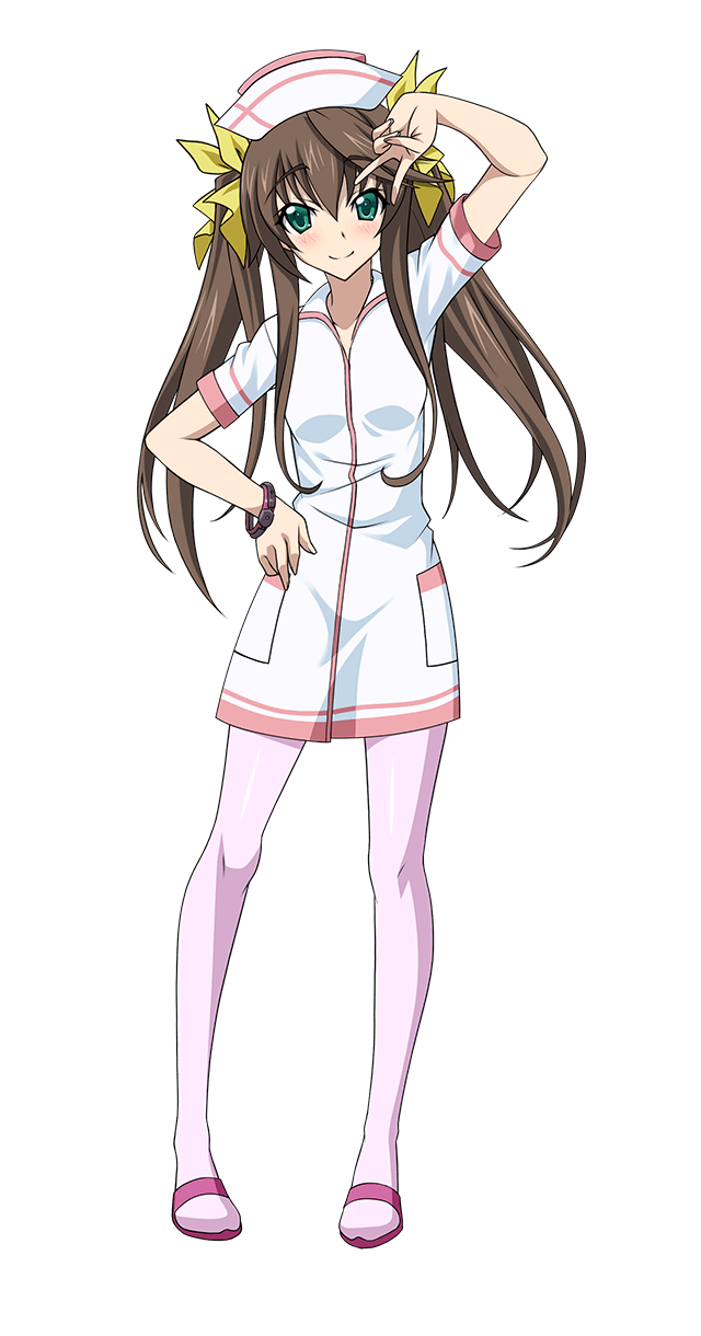 10s, 1girl, black_pantyhose, brown_hair, eyebrows, female_focus, full_body, green_eyes, hair_ribbon, hand_on_own_hip, hat, highres, huang_lingyin, infinite_stratos, long_hair, looking_at_viewer, medical_scrubs, nurse, nurse_cap, pantyhose, pink_pantyhose, pink_shoes, ribbon, shoes, smile, solo, transparent_background, twintails, v, wide_strap_sandals, yellow_ribbon