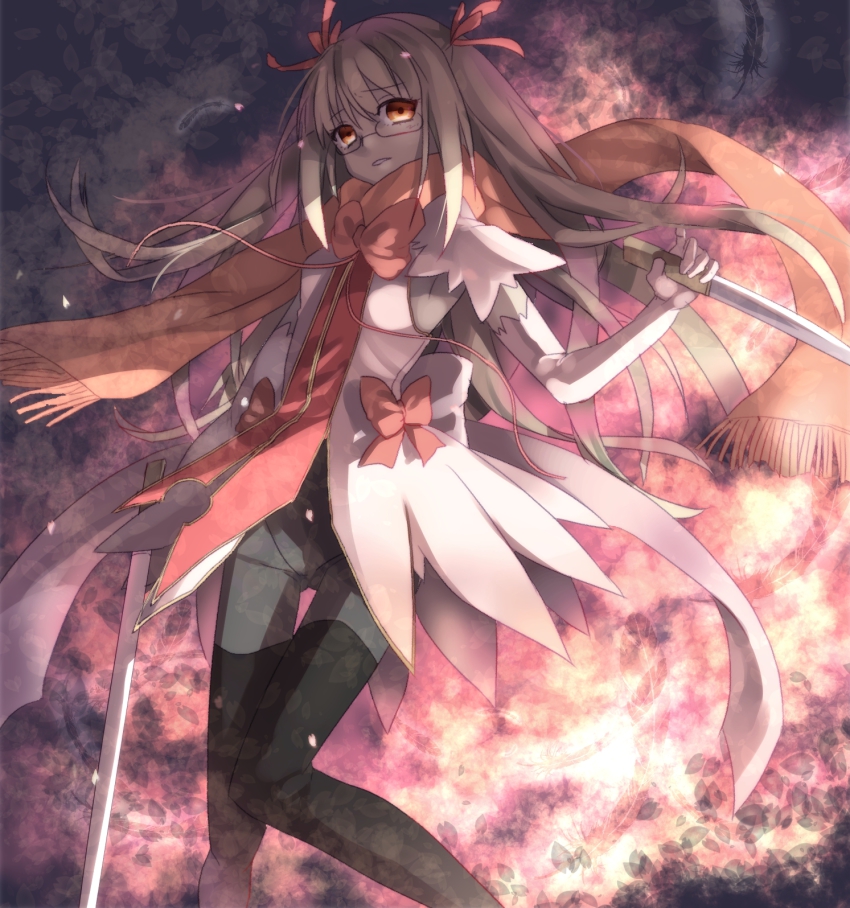 1girl, bad_id, bad_pixiv_id, brown_eyes, dual_wielding, female_focus, flat_chest, glasses