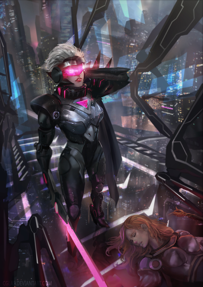 2girls, alternate_costume, arm_behind_head, armor, boobplate, breastplate, brown_hair, cglas, city_lights, cyberpunk, cyborg, fiora_(league_of_legends), full_body, glowing, glowing_weapon, holding, holding_sword, holding_weapon, indoors, league_of_legends, lipstick, lux_(league_of_legends), makeup, multiple_girls, orange_hair, parted_lips, project:_fiora, red_lips, standing, sword, unconscious, visor, watermark, weapon, web_address, white_hair