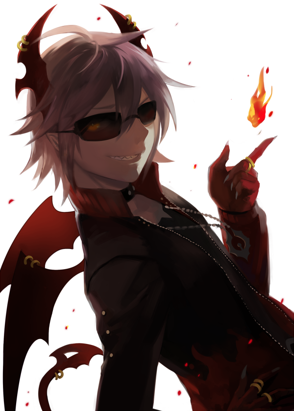 1boy, backlighting, brown_hair, choker, demon_boy, emalf_(funamusea), fire, funamusea