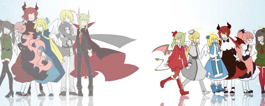 3boys, 6+girls, angel, angel_wings, black_dress, blonde_hair, boots, cape, capelet, chelan, ciel_(funamusea), coat, cranber, cross, cross_necklace, demon, demon_boy, demon_girl, demon_wings, dialo, dress, dual_persona, formal_clothes, froze_(funamusea), funamusea, glasses, green_hair, haiiro_teien, hair_ornament, hair_over_one_eye, halftone, hat, high_collar, highres, holding_hands, horns, jewelry, lost_(funamusea), macarona, maou_skun, mary_janes, military, military_uniform, multiple_boys, multiple_girls, necklace, necktie, pantyhose, pink_hair, puffy_sleeves, rawberry, rigatona, scarf, semi-rimless_eyewear, sherbet_(funamusea), shoes, short_hair, short_hair_with_long_locks, suit, tail, thighhighs, time_paradox, twintails, white_legwear, wings, yosafire_(funamusea), yosaflame