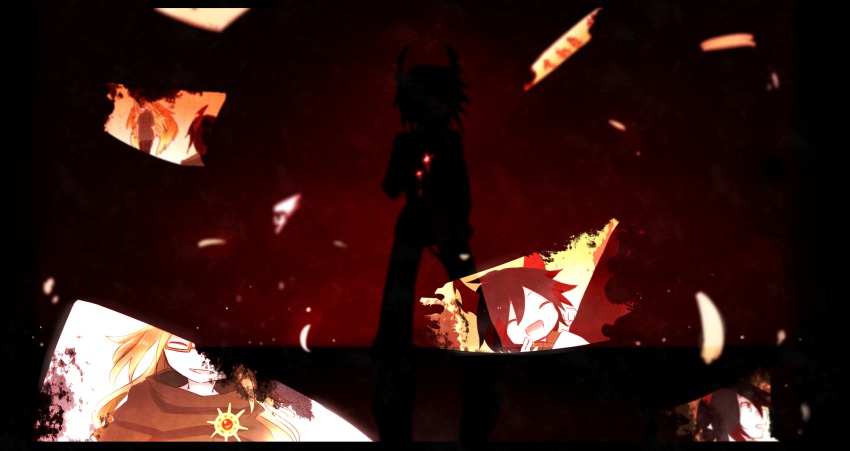 1girl, 2boys, aged_down, black_hair, blonde_hair, capelet, demon_horns, demon_wings