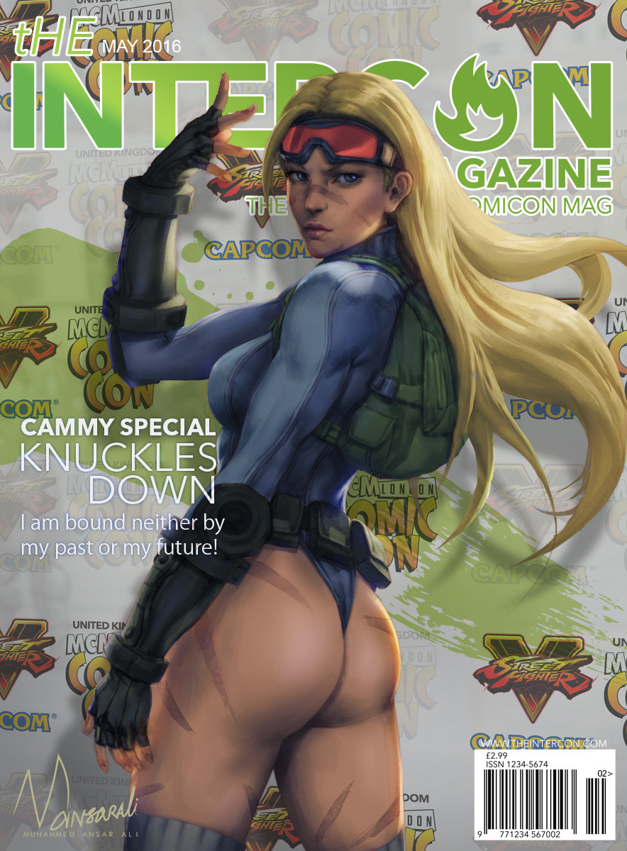 1girl, alternate_costume, alternate_hairstyle, ass, backpack, bag, blonde_hair, blue_leotard, cammy_white, cammy_white_(battle_costume_sfv), capcom, cover, cowboy_shot, curvy, female_focus, fingerless_gloves, gloves, goggles, goggles_on_head, hair_down, highleg, highleg_leotard, highres, leotard, long_hair, looking_back, magazine_(object), magazine_cover, muhammed_ansar_ali, official_alternate_costume, official_alternate_hairstyle, realistic, revealing_clothes, solo, street_fighter, street_fighter_v, wide_hips