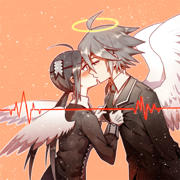 1boy, 1girl, ahoge, alela_grora_(funamusea), angel_wings, black_dress, black_hair, blush