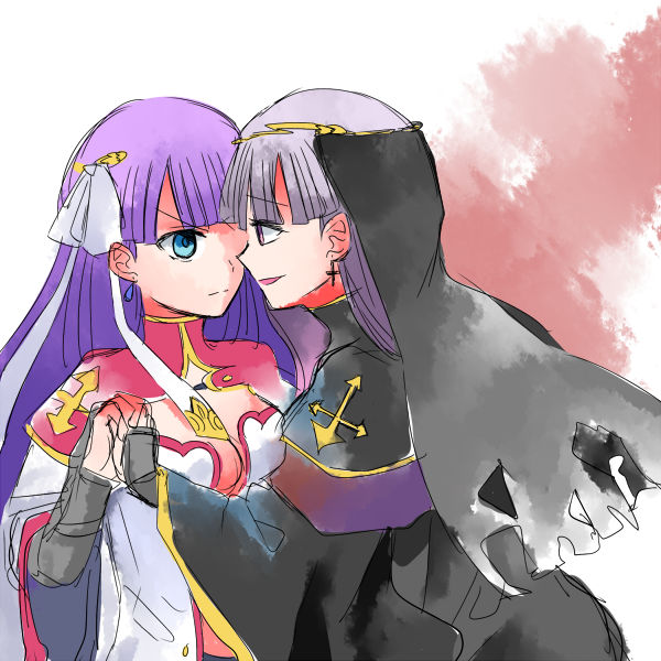 2girls, bad_id, bad_twitter_id, black_dress, blue_eyes, breasts, capelet, cleavage