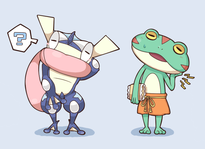 10s, 2027_(submarine2027), ?, blush_stickers, closed_eyes, crossover, frog, full_body