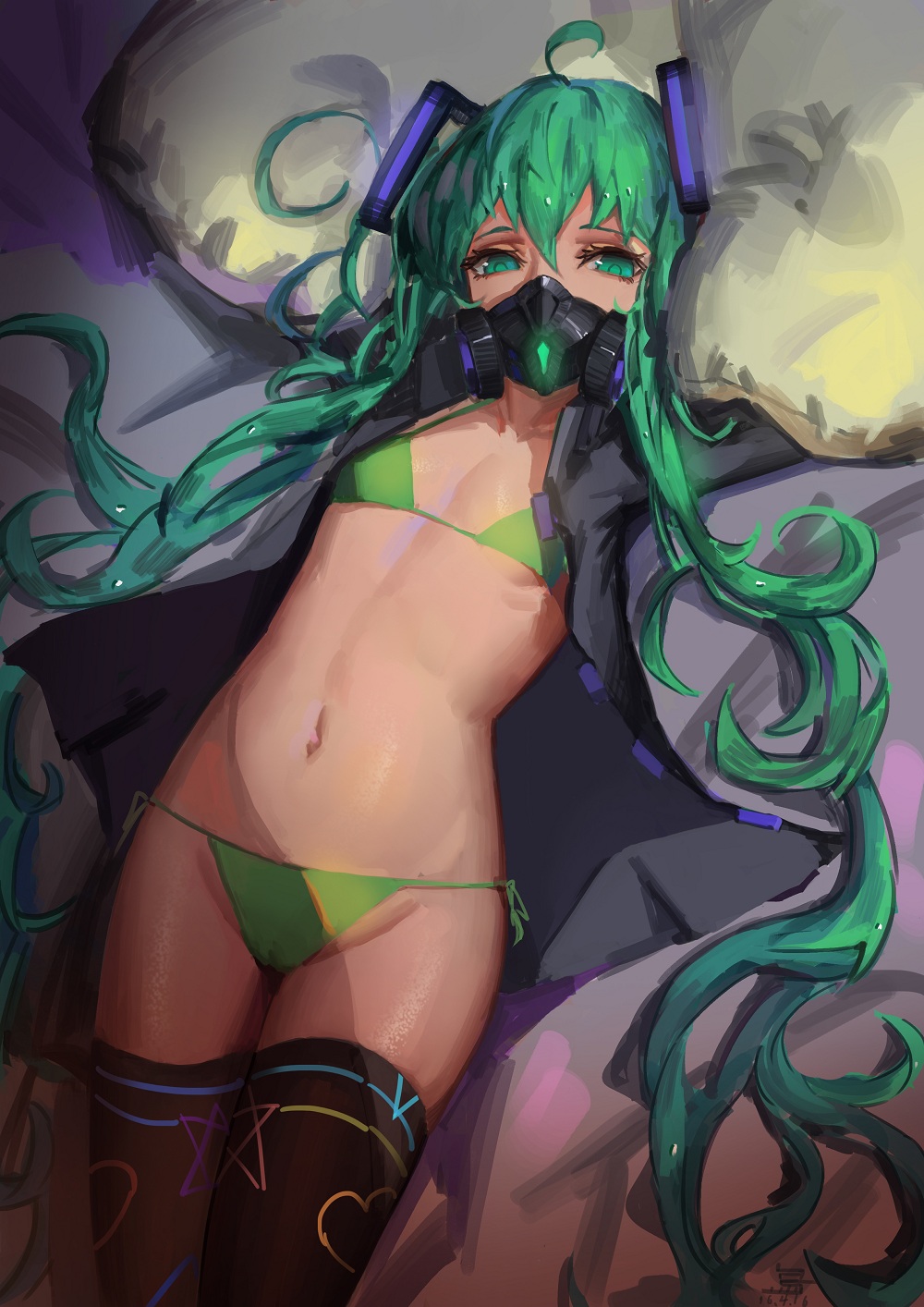 1girl, ahoge, aqua_eyes, aqua_hair, bikini, black_thighhighs, female_focus, flat_chest