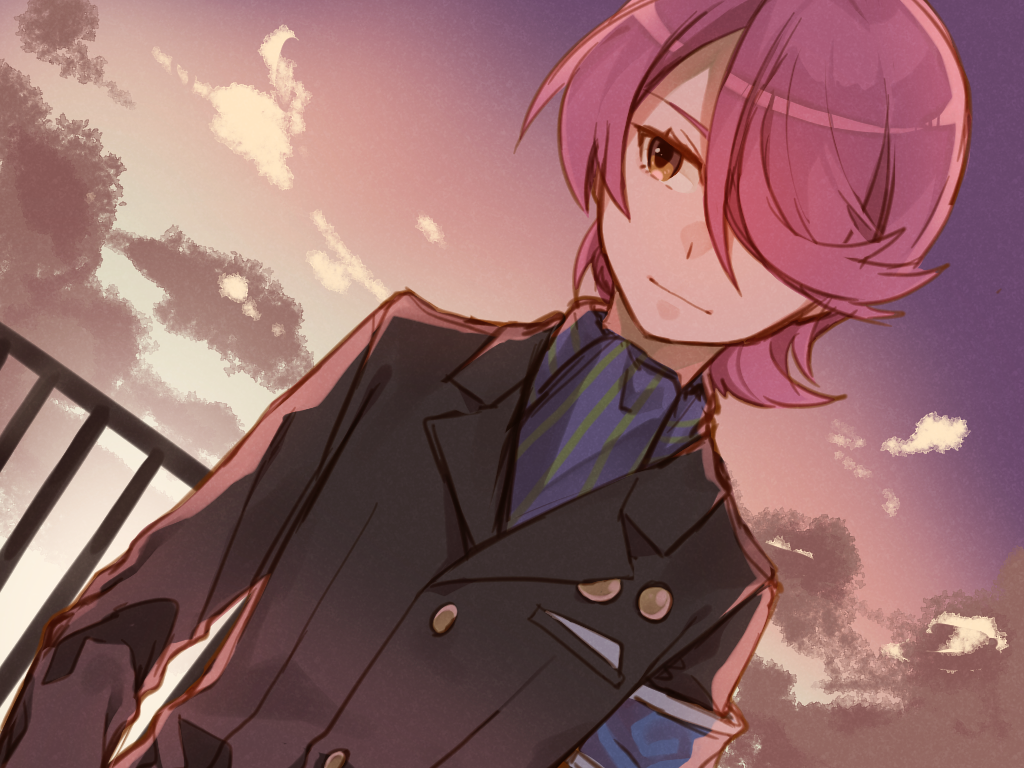 10s, 1boy, armband, brown_eyes, cloud, concrete_revolutio, formal_clothes, guard_rail