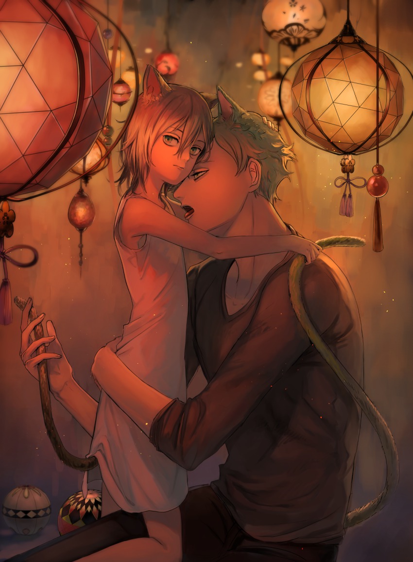 10s, 1boy, 1girl, age_difference, alternate_costume, animal_ears, arm_around_another's_back, bad_id, bad_pixiv_id, ball, blurry, cat_ears, cat_tail, child, closed_mouth, depth_of_field, dress, female_saniwa_(touken_ranbu), flat_chest, from_side, green_eyes, green_hair, hair_between_eyes, hand_on_another's_head, hetero, highres, holding_another's_tail, hug, kneeling, lantern, looking_at_another, looking_at_viewer, older_male_and_younger_female, open_mouth, pants, paper_lantern, renkon_(motimotita), saniwa_(touken_ranbu), short_hair, sitting, sleeveless, sleeveless_dress, three-quarter_sleeves, tail, tassel, temari_ball, tongue, tongue_out, touken_ranbu, uguisumaru, white_dress
