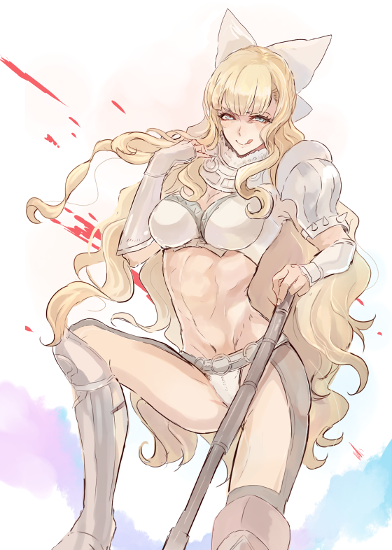 1girl, :q, armor, axe, battle_axe, biceps, bikini_armor, blonde_hair