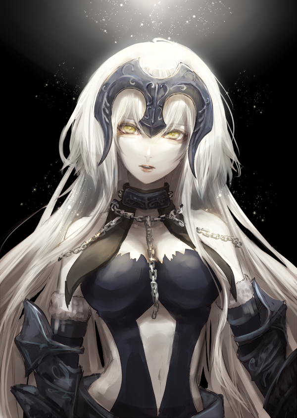 1girl, armor, black_background, blonde_hair, breasts, chain, clothing_cutout, eyebrows, fate/grand_order, fate_(series), female_focus, gauntlets, headpiece, jeanne_d'arc_(fate), jeanne_d'arc_alter_(avenger)_(fate), jeanne_d'arc_alter_(avenger)_(third_ascension)_(fate), jeanne_d'arc_alter_(fate), light_particles, long_hair, looking_at_viewer, navel, navel_cutout, pale_skin, parted_lips, rokuri-eva, ruler_(fate/grand_order), solo, upper_body, white_hair