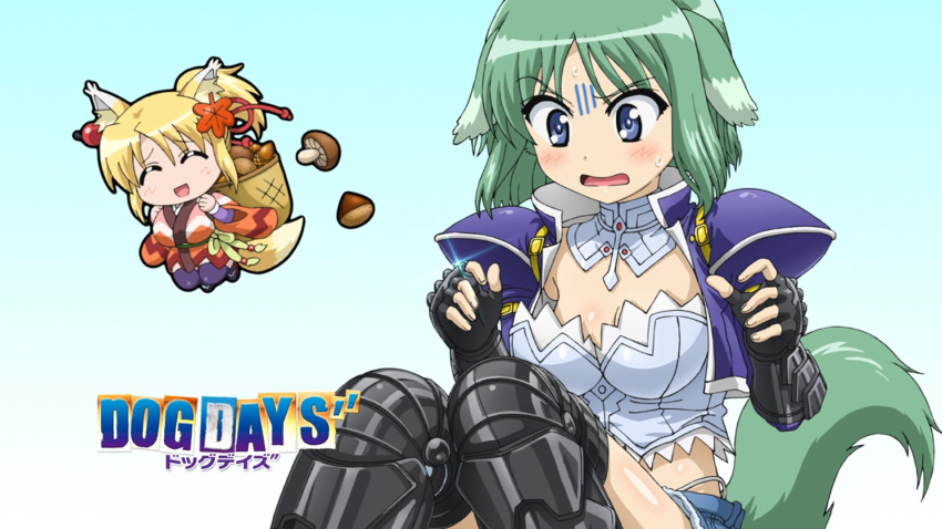 2girls, animal_ear_fluff, animal_ears, anime_screenshot, blonde_hair, blue_eyes, boots, breasts, bustier, closed_eyes, cosplay, denim, denim_shorts, detached_collar, dog_days, dog_ears, dog_girl, dog_tail, ears_down, eclair_martinozzi, fox_ears, fox_tail, green_hair, hair_ribbon, high_collar, highres, jacket, japanese_clothes, leonmitchelli_galette_des_rois, leonmitchelli_galette_des_rois_(cosplay), multiple_girls, mushroom, open_mouth, ponytail, ribbon, shaded_face, short_hair, short_shorts, shorts, sitting, small_breasts, tail, thigh_boots, thighhighs, yukikaze_panettone