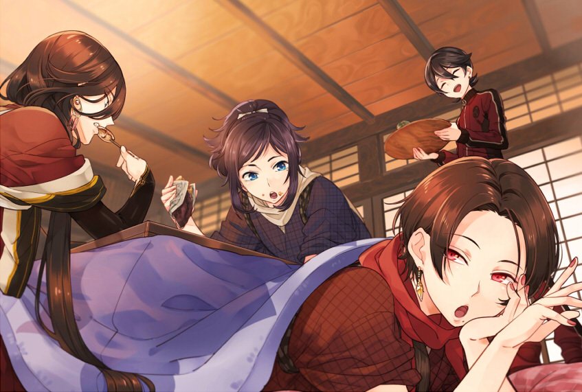 10s, 4boys, ^_^, black_hair, blue_eyes, brown_hair, closed_eyes, earrings, eating, food, food_on_face, head_rest, horikawa_kunihiro, izumi-no-kami_kanesada, jacket, japanese_clothes, jewelry, kashuu_kiyomitsu, kotatsu, lying, male_focus, mole, mole_under_eye, mole_under_mouth, multiple_boys, nail_polish, on_stomach, open_mouth, ponytail, red_eyes, red_nails, scarf, shinsengumi_swords_(touken_ranbu), shuri_(84k), smile, sweet_potato, table, touken_ranbu, track_jacket, yamato-no-kami_yasusada