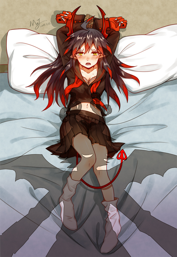 1girl, bdsm, bed, black_hair, blush, bondage, bound, demon_girl, demon_horns, demon_wings, funamusea, gender_request, genderswap, haiiro_teien, horns, imminent_rape, ivlis, majiang, multicolored_hair, red_hair, satanick, school_uniform, serafuku, silhouette, solo_focus, tears, wings, yellow_eyes