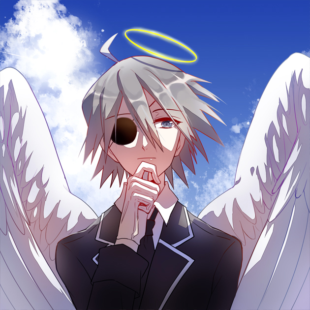 1boy, ahoge, angel_wings, blue_sky, cloud, day, eyepatch, formal_clothes
