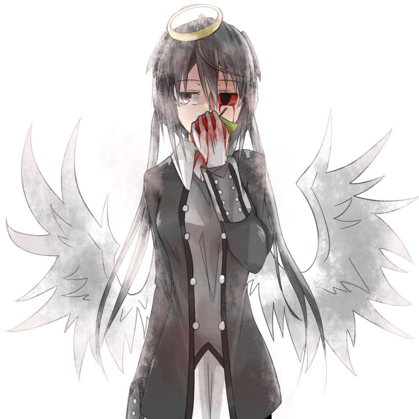 1girl, alela_grora_(funamusea), angel_wings, apple, black_dress, black_hair, blood, blood_on_face, dress, eyepatch, female_focus, food, fruit, funamusea, gloves, haiiro_teien, halo, highres, long_hair, namazu_(yitingyiduyibei), solo, twintails, unworn_eyepatch, wings