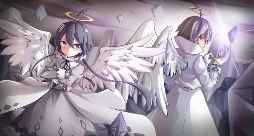1girl, adjusting_clothes, adjusting_gloves, aged_down, ahoge, alela_grora_(funamusea), angel_wings, back-to-back