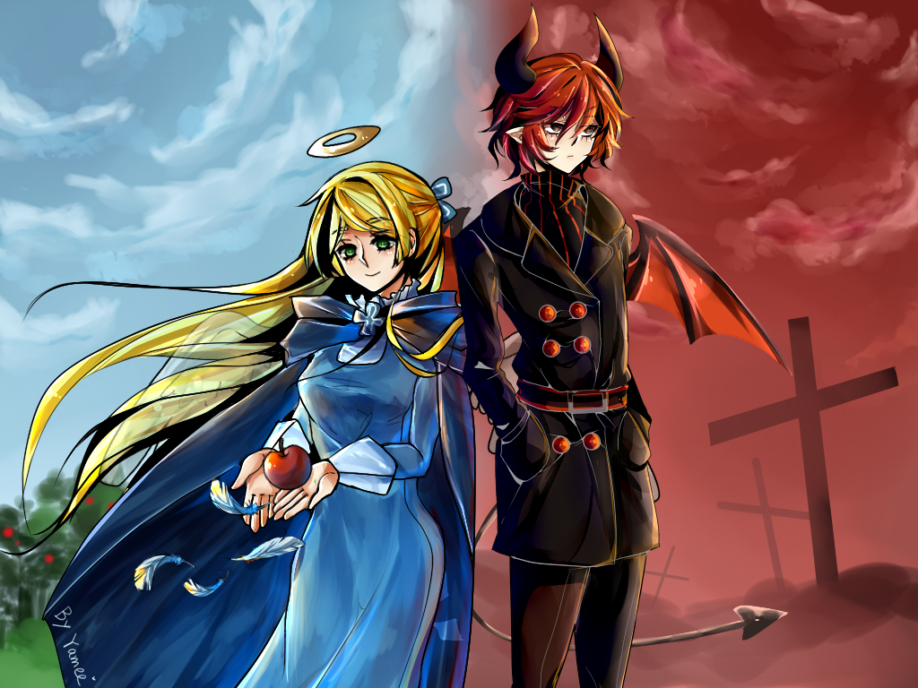 1boy, 1girl, angel_wings, apple, apple_tree, artist_name, belt, black_eyes