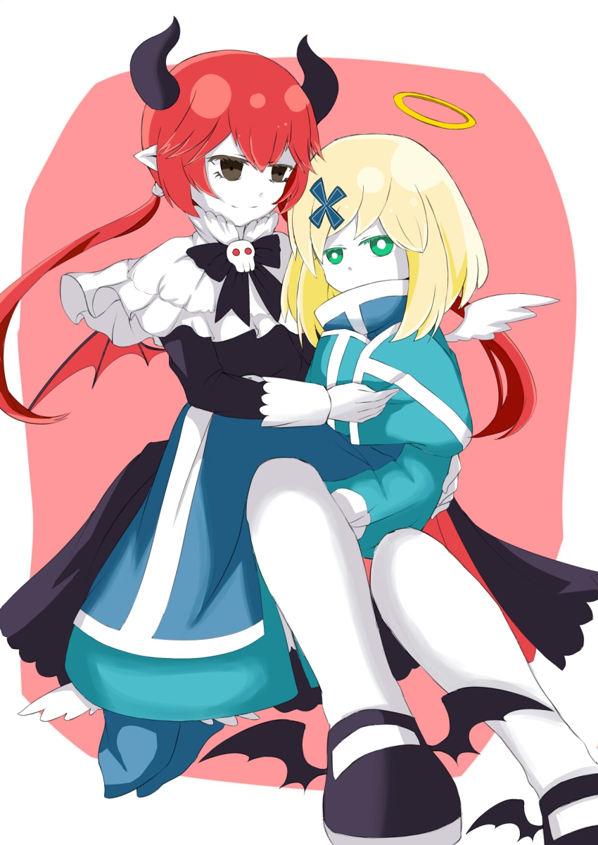 2girls, angel_wings, black_dress, black_eyes, blonde_hair, capelet, chelan, cross_hair_ornament