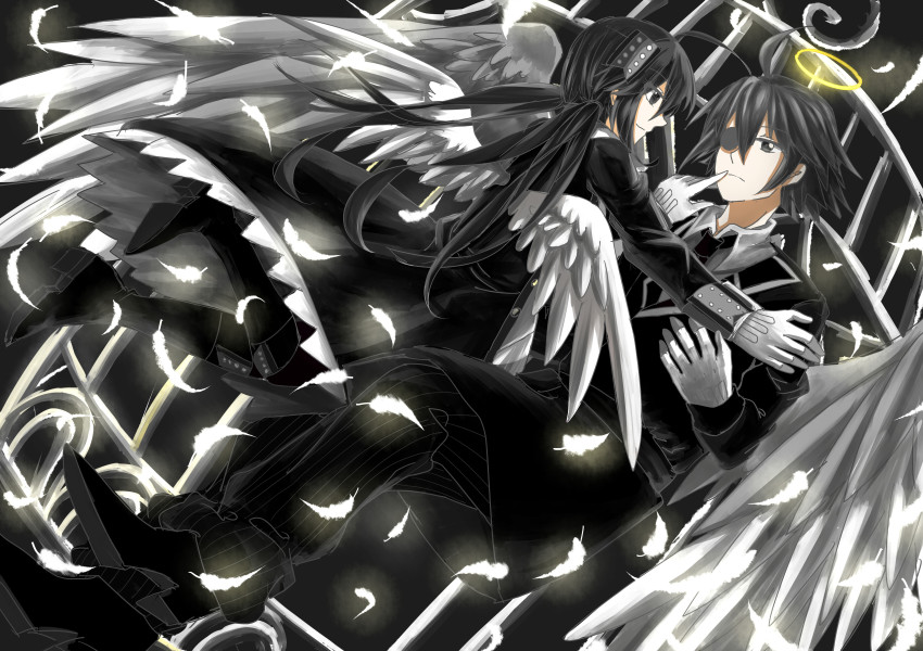 1boy, 1girl, absurdres, ahoge, alela_grora_(funamusea), angel_wings, black_dress, black_hair