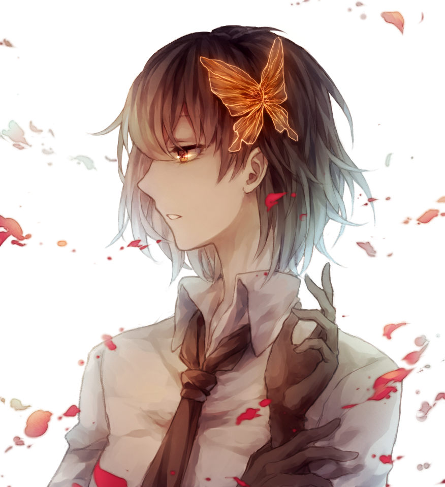 10s, 1girl, bad_id, bad_pixiv_id, black_hair, brown_eyes, bungou_stray_dogs, butterfly_hair_ornament, coaurora, female_focus, gloves, hair_ornament, necktie, short_hair, solo, yosano_akiko_(bungou_stray_dogs)