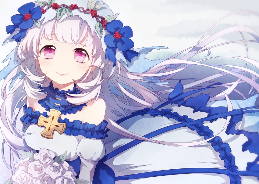 10s, 1girl, :o, blue_dress, blush, bouquet, cross, cross_patty