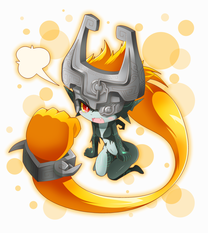 1girl, clenched_hand, female_focus, helmet, long_hair, midna, neru_(neruneruru), nintendo, orange_hair, pointy_ears, red_eyes, solo, the_legend_of_zelda, the_legend_of_zelda:_twilight_princess