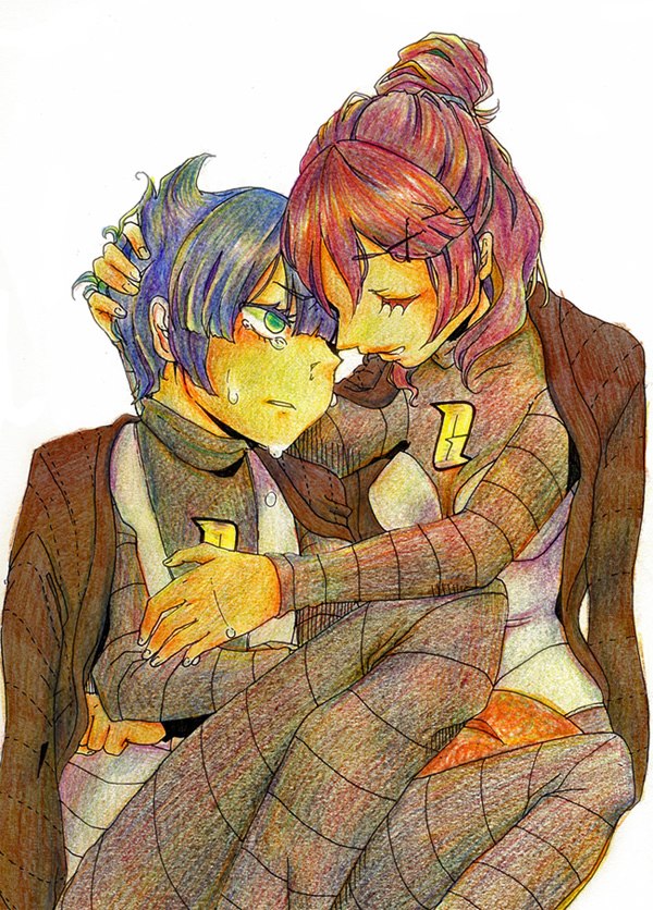 1boy, 1girl, ameri_(cham), blue_hair, blunt_bangs, breasts, closed_eyes, crying