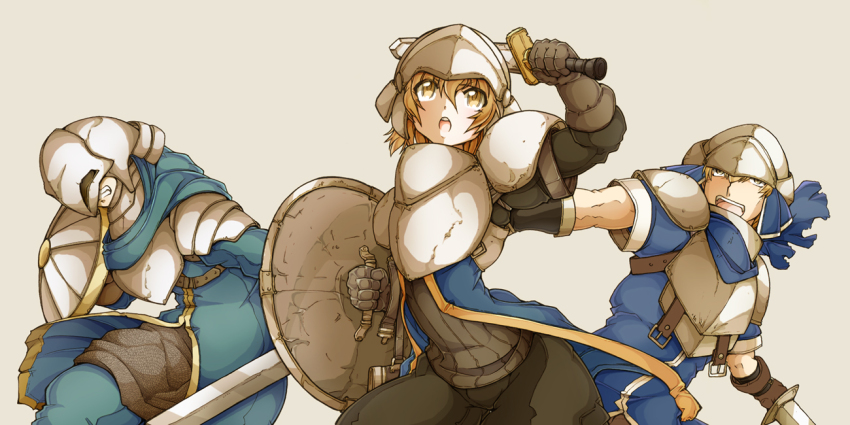 3boys, :o, armor, azusamori_aruka, blonde_hair, commentary_request, gloves, grey_background, hector_(sennen_sensou_aigis), helmet, male_focus, multiple_boys, open_mouth, sennen_sensou_aigis, shield, sword, weapon, yellow_eyes