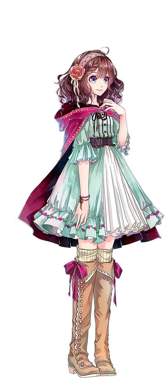 10s, 1girl, ahoge, ani_inako, blue_eyes, boots, brooch, brown_boots, brown_hair, cape, dame_x_prince, dress, female_focus, flower, full_body, green_dress, hair_flower, hair_ornament, headdress, highres, hood, hood_down, jewelry, knee_boots, official_art, short_hair, smile, solo, thighhighs, transparent, transparent_background