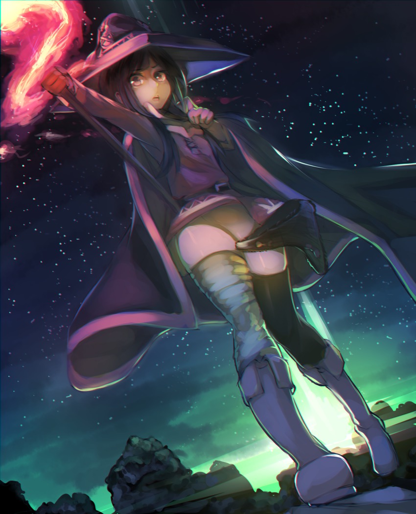 10s, 1girl, bandages, black_eyes, black_hair, black_panties, black_thighhighs, boots, cape, dutch_angle, female_focus, hat, hatahata_p_(taritari1648), highres, knee_boots, kono_subarashii_sekai_ni_shukufuku_wo!, long_hair, looking_at_viewer, magic, megumin, night, no_panties, open_mouth, outstretched_arm, panties, single_thighhigh, sky, solo, staff, standing, star_(sky), starry_sky, thighhighs, underwear, unworn_panties, wide-eyed, witch_hat