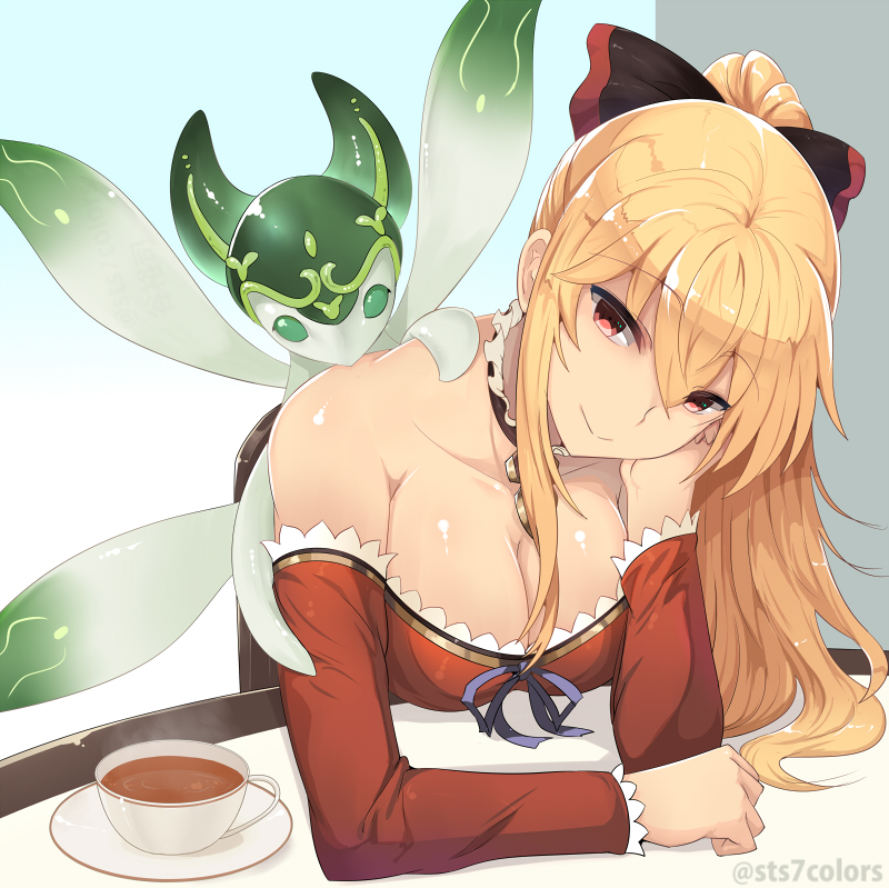 10s, 1girl, bare_shoulders, blonde_hair, bow, breasts, chevallier, cleavage, cup, female_focus, granblue_fantasy, hair_bow, long_hair, looking_at_viewer, luminiera_(granblue_fantasy), ponytail, smile, solo, sts, tea, teacup, twitter_username, vira_(granblue_fantasy)