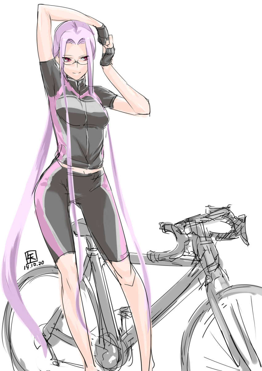 1girl, absurdly_long_hair, bicycle, bike_shorts, black_shirt, blouse, breasts, dated