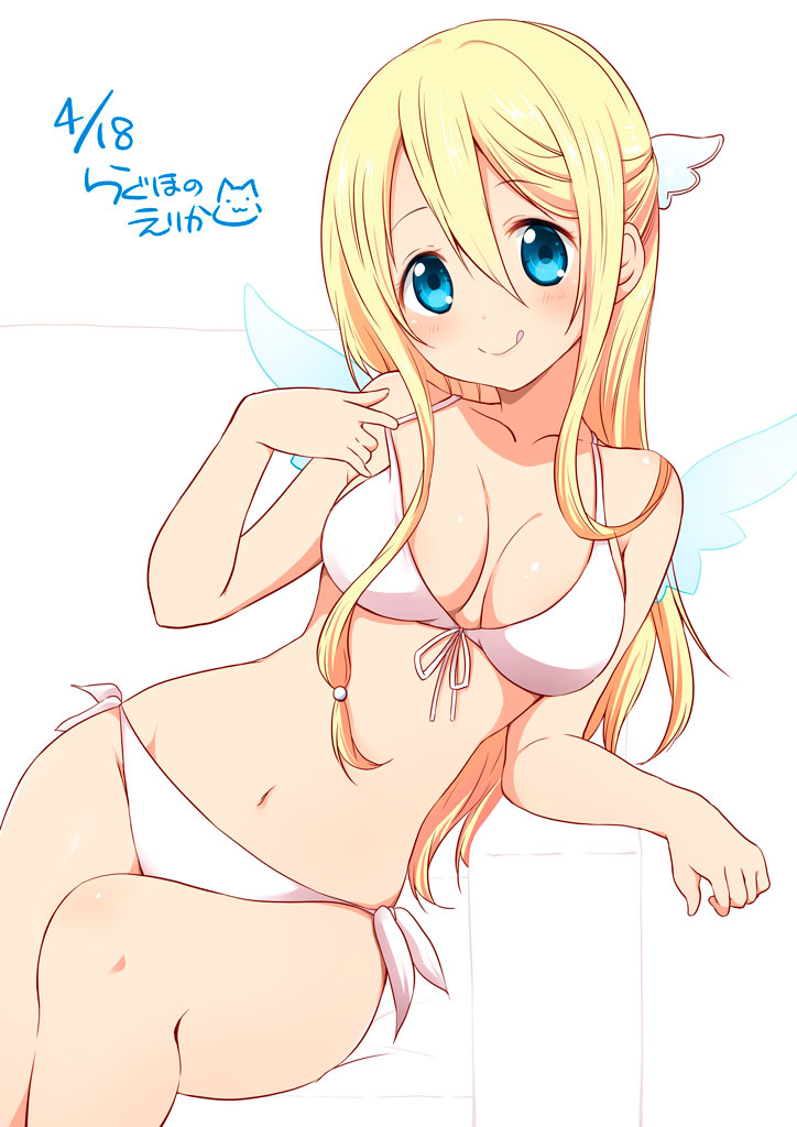 1girl, :q, amatsuka_poi, artist_name, bikini, blonde_hair, blue_eyes, blush