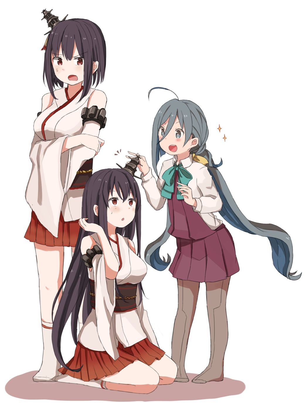+_+, 10s, 3girls, ahoge, black_hair, blue_hair, blush, bow
