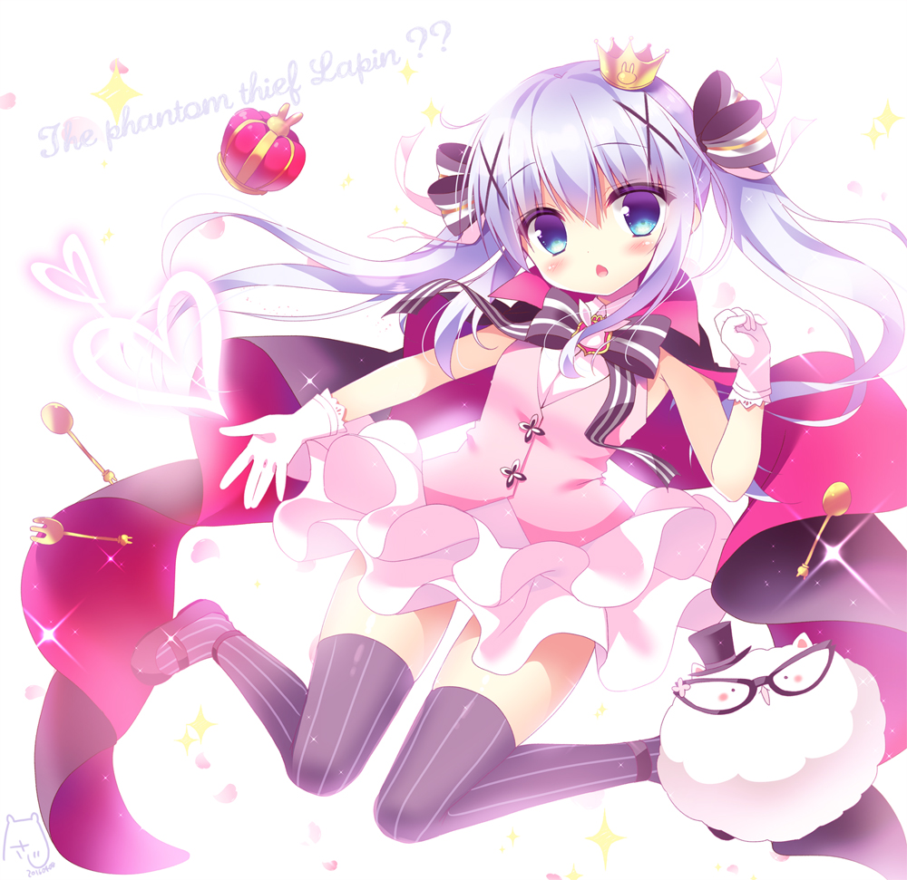 1girl, april_fools, blue_eyes, blue_hair, cape, character_name, chestnut_mouth, cosplay