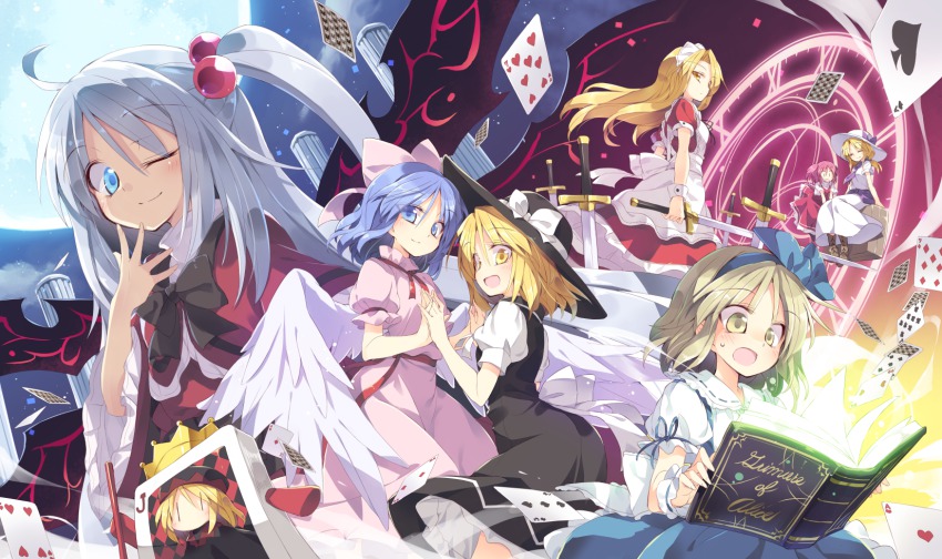 6+girls, :d, ;), aged_down, ahoge, alice_margatroid, alice_margatroid_(pc-98), angel_wings