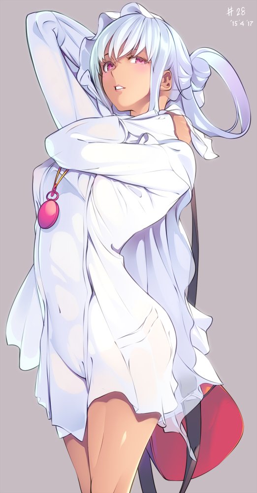 1girl, arm_behind_head, dark-skinned_female, dark_skin, dated, female_focus, hair_rings, nanao_(mahaya), pocket_watch, purple_eyes, raincoat, salome_(toaru_majutsu_no_index), simple_background, solo, toaru_majutsu_no_index, toaru_majutsu_no_index:_new_testament, watch, white_hair