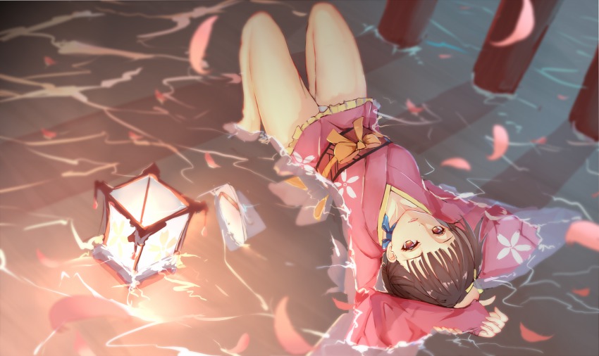 10s, 1girl, arms_up, bare_legs, barefoot, black_hair, brown_eyes, female_focus, floral_print, foodtoyc, hair_ribbon, highres, japanese_clothes, kimono, koutetsujou_no_kabaneri, lantern, legs, long_sleeves, looking_at_viewer, lying, lying_on_water, mumei_(kabaneri), neck_ribbon, obi, on_back, panties, partially_submerged, ribbon, sash, short_hair, smile, solo, twintails, underwear, water, white_panties, wide_sleeves