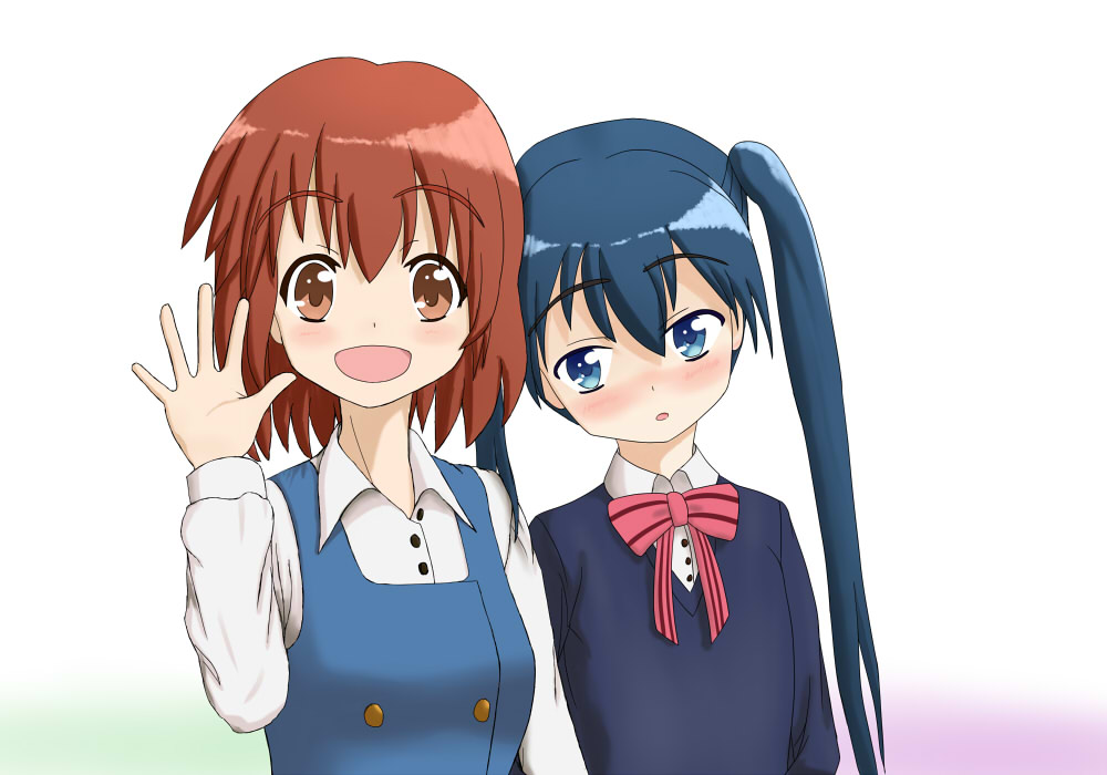 10s, 2girls, blue_eyes, blue_hair, blush, brown_eyes, brown_hair, c2615, inokuma_youko, kin-iro_mosaic, komichi_aya, long_hair, multiple_girls, open_mouth, short_hair, smile, twintails, waving