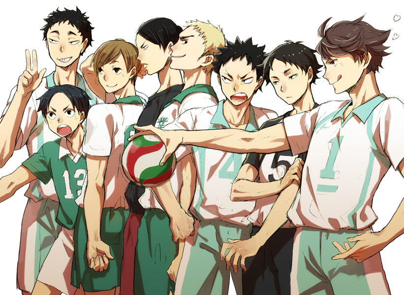 10s, 6+boys, akaashi_keiji, black_hair, blonde_hair, blush, brown_hair, futakuchi_kenji, grin, haikyuu!!, iwaizumi_hajime, kamasaki_yasushi, male_focus, matsukawa_issei, multiple_boys, oikawa_tooru_(haikyuu!!), oumimi_ren, sakunami_kousuke, silver_hair, size_difference, smile, playing_sports, sweat, tagme, teeth, v