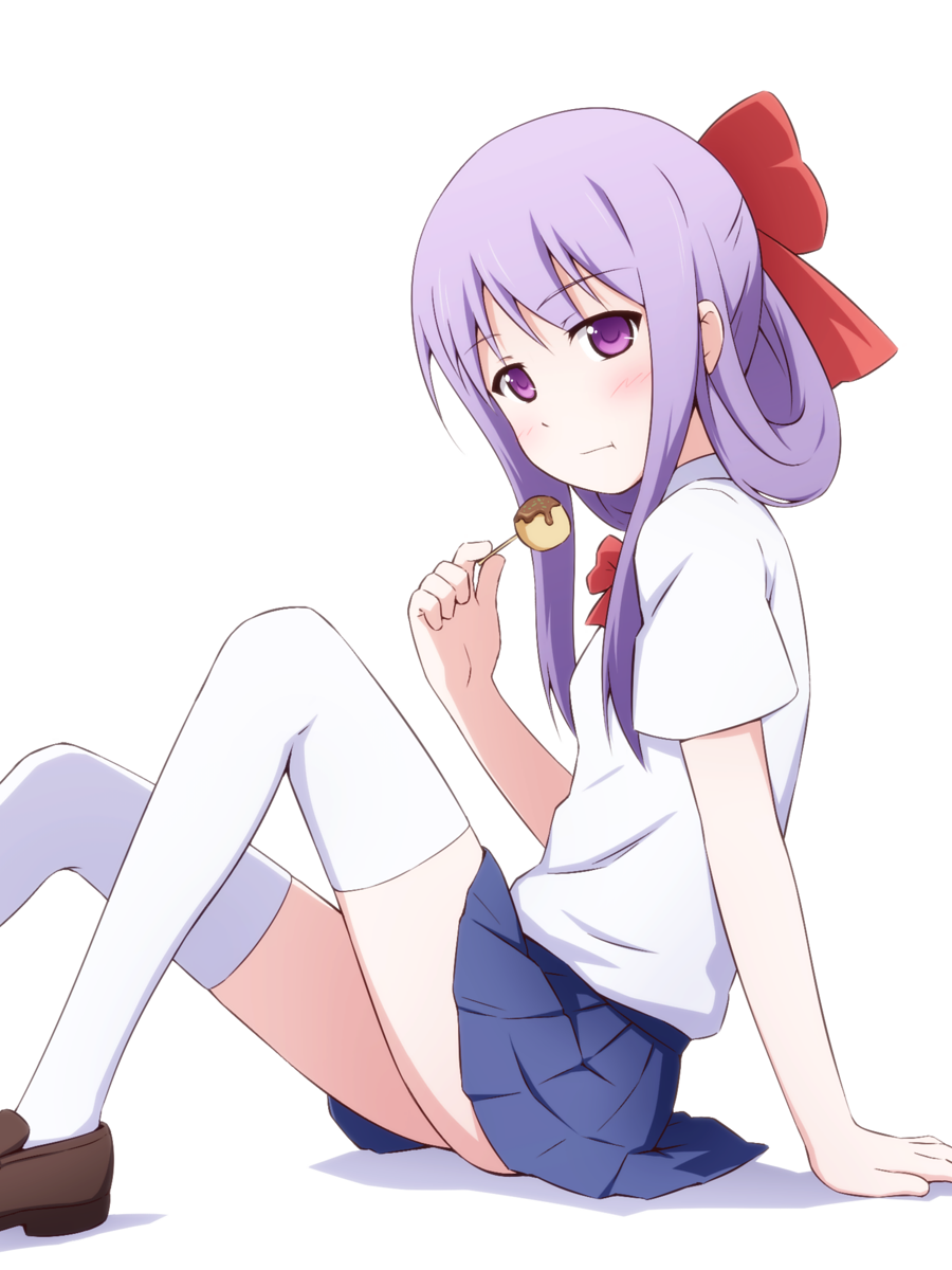 1girl, blue_skirt, blush, candy_apricot_(ymmryso), female_focus, food, from_side, hair_ribbon