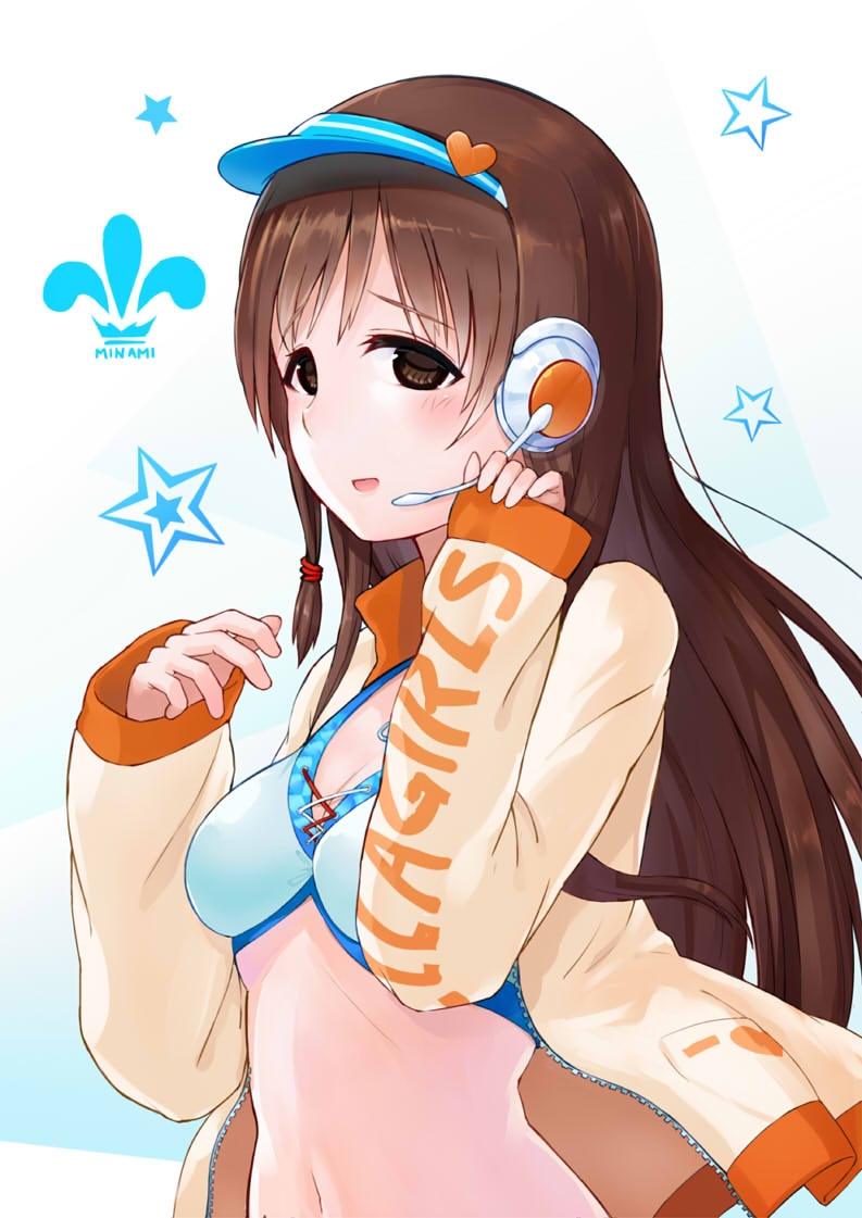 10s, 1girl, bikini, bikini_top_only, blush, breasts, brown_eyes, brown_hair
