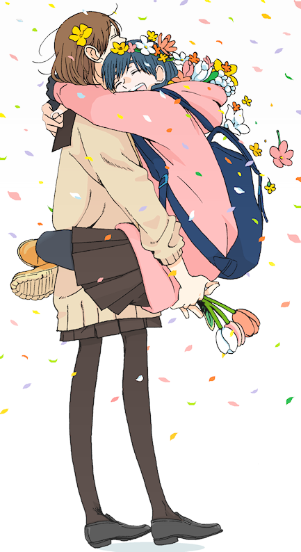 2girls, bad_id, bad_pixiv_id, black_hair, black_legwear, brown_hair, brown_legwear, carrying