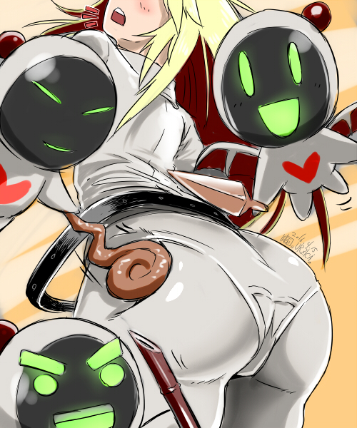 1girl, ass, ass_poking, blonde_hair, cowboy_shot, dated, demon, female_focus, from_side, glowing, guilty_gear, guilty_gear_xrd, half-closed_eyes, head_tilt, holding, holding_polearm, holding_spear, holding_sword, holding_weapon, jack-o'_valentine, long_hair, looking_at_viewer, multicolored_hair, open_mouth, orange_background, pants, pantylines, polearm, red_hair, simple_background, skin_tight, solo, spear, surprised, sword, thick_eyebrows, thighs, tight_clothes, tight_pants, urujika, weapon